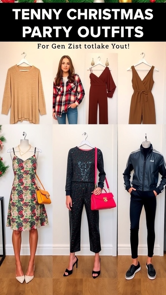 Trendy Christmas Party Outfit Ideas for Gen Z Trendy Christmas party outfits for Gen Z, including a sweater dress, layered look, jumpsuit, sequined skirt, and tracksuit.
